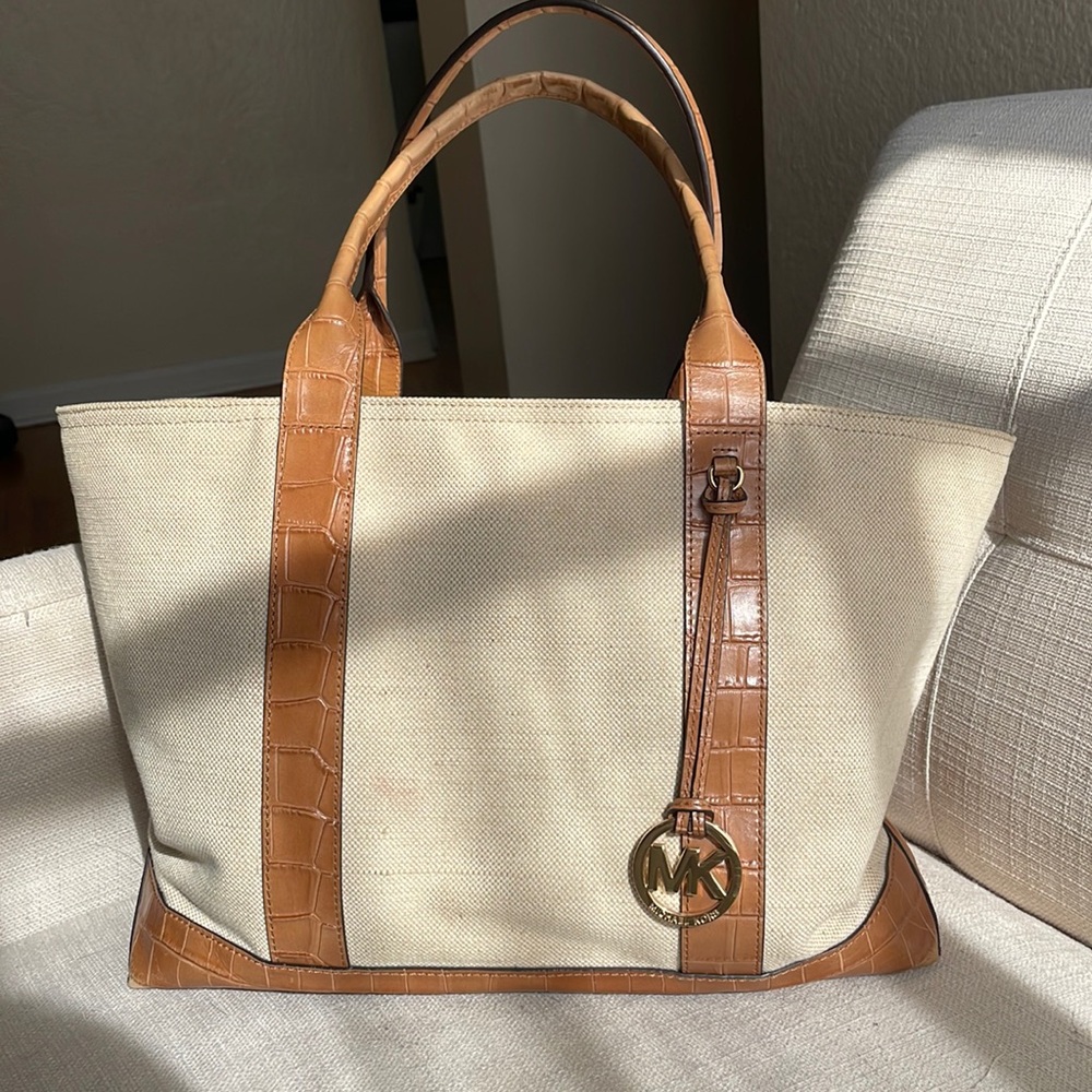 Michael Kors tote bag- beige/khaki fabric with brown accents
